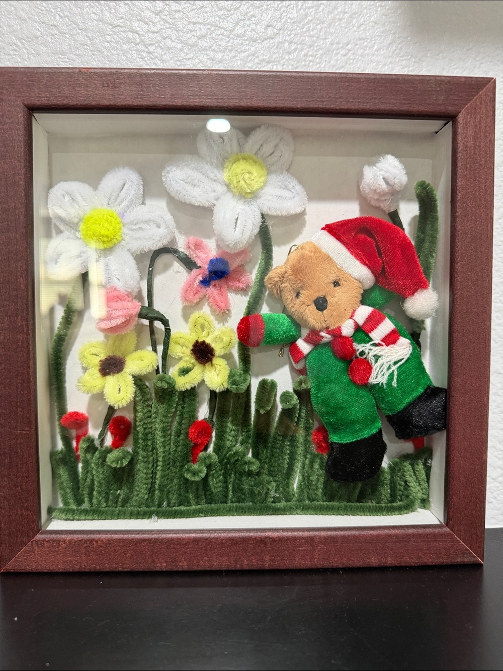 Festive Teddy Bear Fiber Art Wall Hanging - Green, Red, White